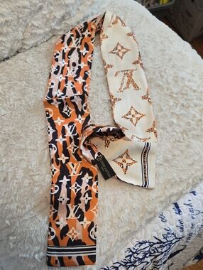 Fashion Orange, Cream & Black Monogram Silk Twilly